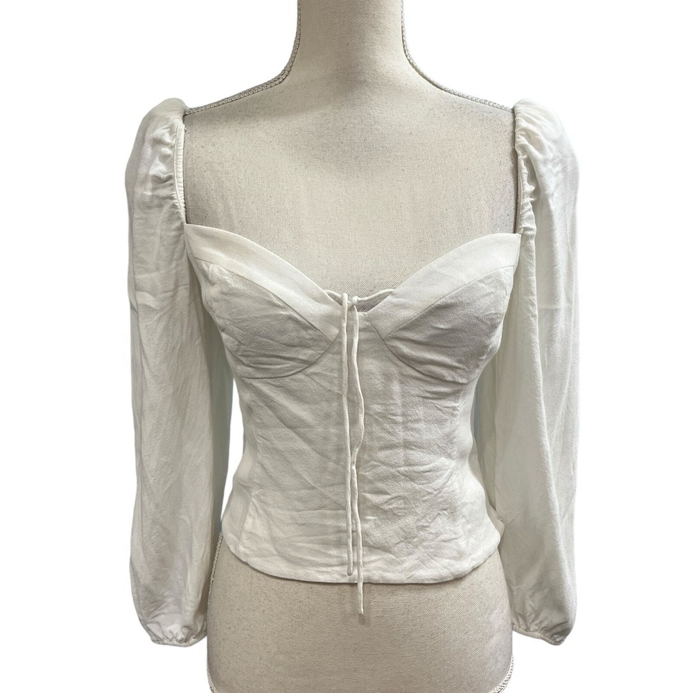 Aritzia Wilfred Top White‎ Milkmaid Cropped Smocked Puff Sleeve Size M Coquette